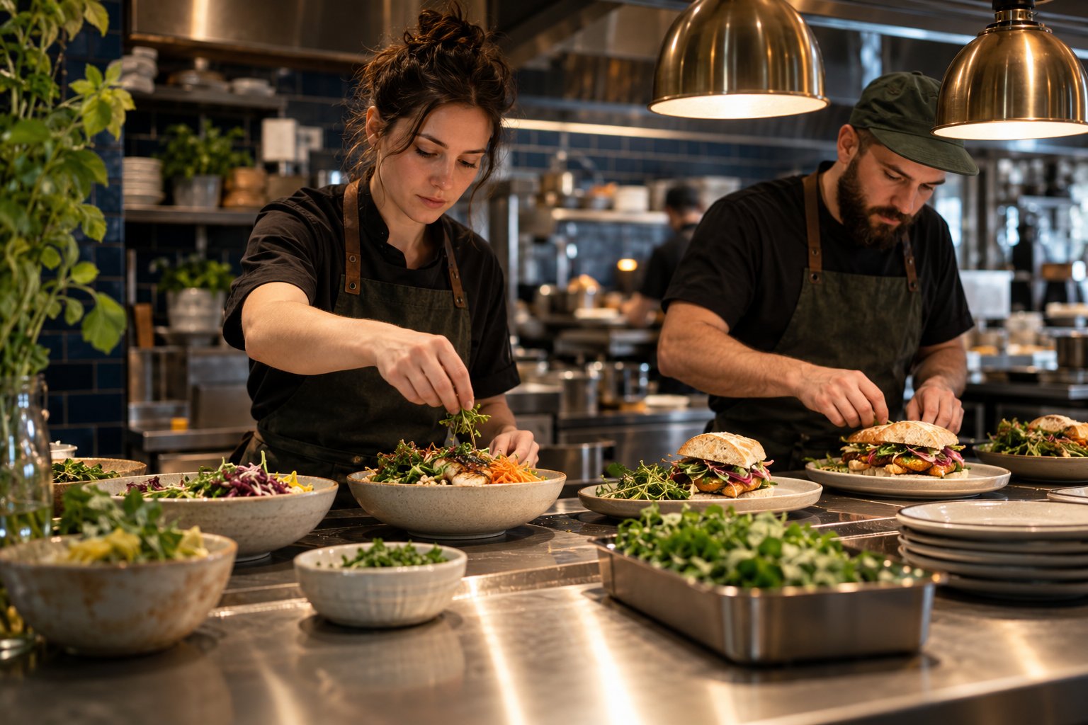 Illustrative kitchen team preparing fresh pickup meals